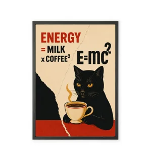 Black cat drinking coffee painting