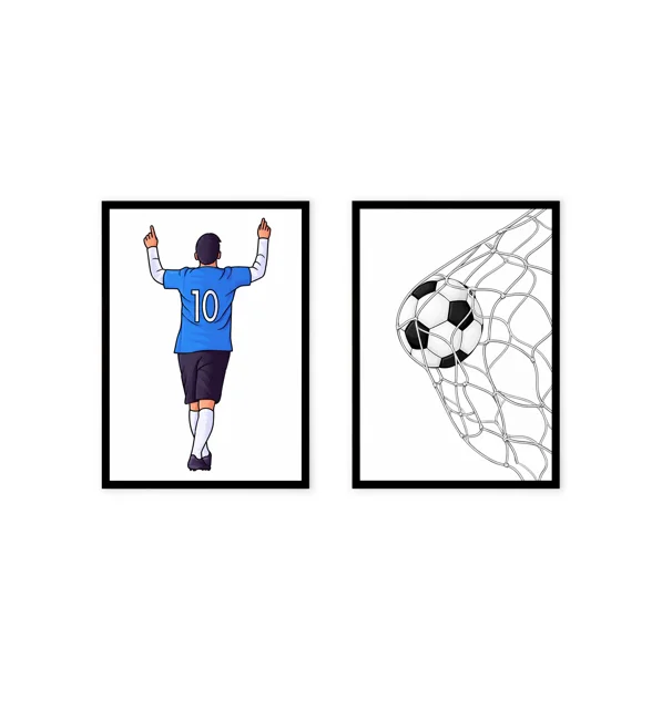 Two-piece wall art featuring a cartoon design of Messi and football