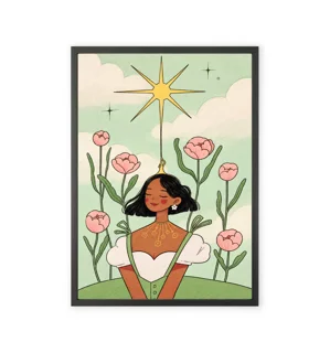 Decorative art print of a girl amidst flowers