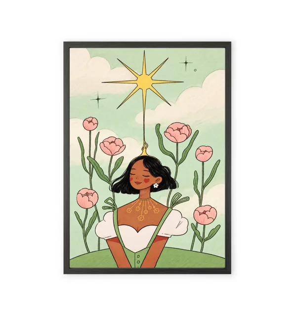 Decorative art print of a girl amidst flowers