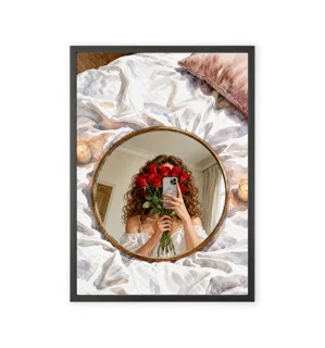 Artwork featuring a girl and a bouquet of roses