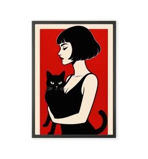 Decorative art print of a girl and a black cat