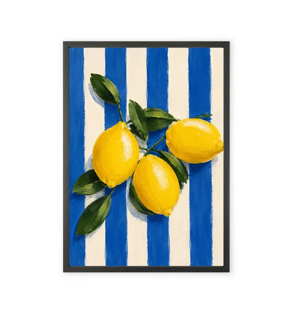 Kitchen wall art featuring a yellow lemon and green leaves.