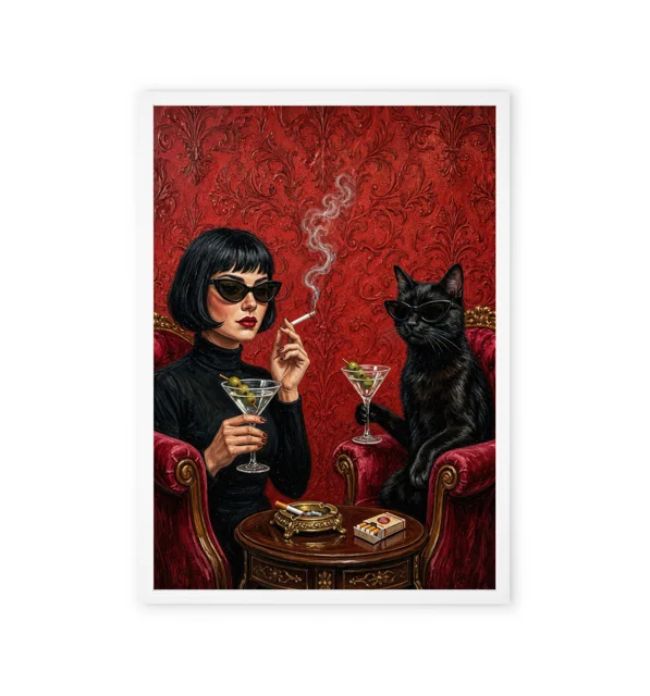 Decorative art print of a woman and a black cat
