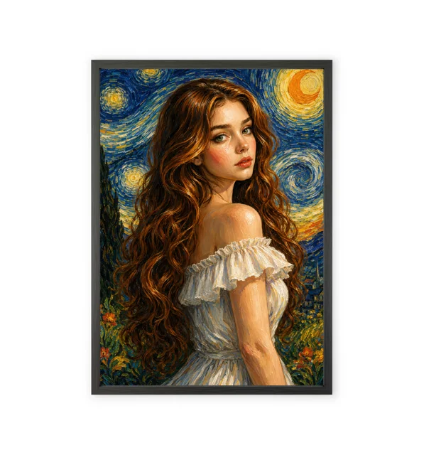 Art print featuring a girl in a starry night scene