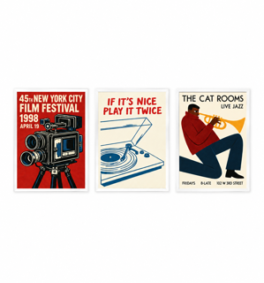 Retro-style three-piece cinema and music wall art
