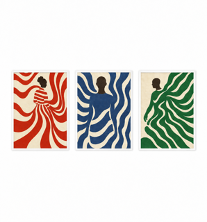 Three-piece artwork featuring abstract women