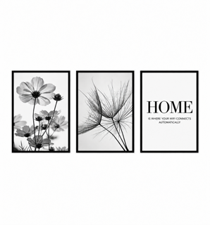 Three-piece wall art featuring a house design