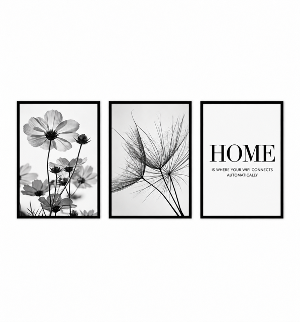 Three-piece wall art featuring a house design