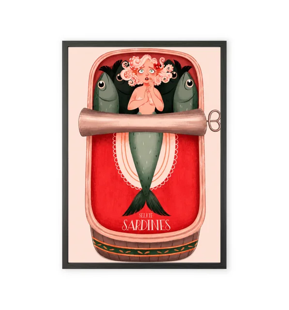 Whimsical sardine-themed wall art featuring a mermaid design