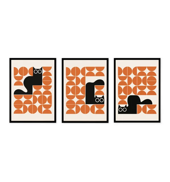 Minimalist three-piece cat wall art set