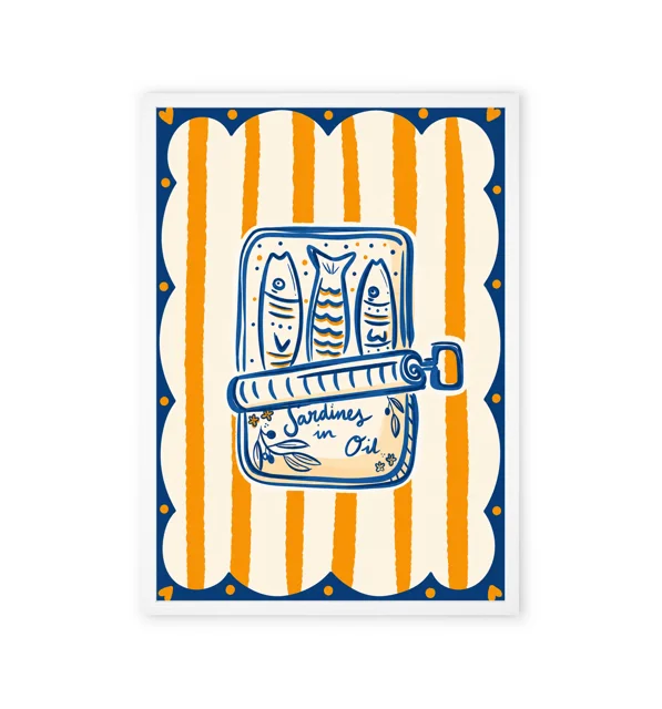 Sardine print with a blue and orange design