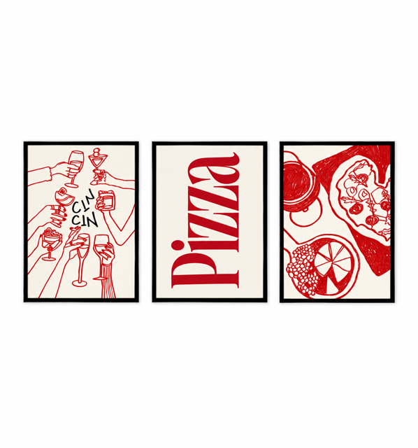 Three-piece pizza-themed wall art