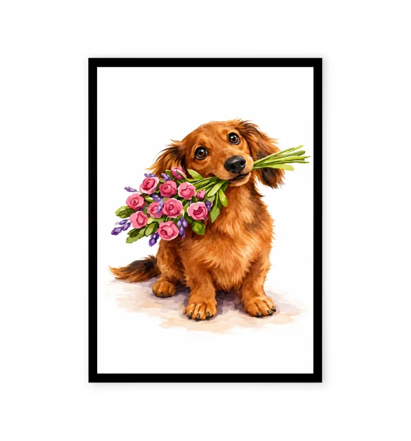 Cute dog with a bouquet of roses print