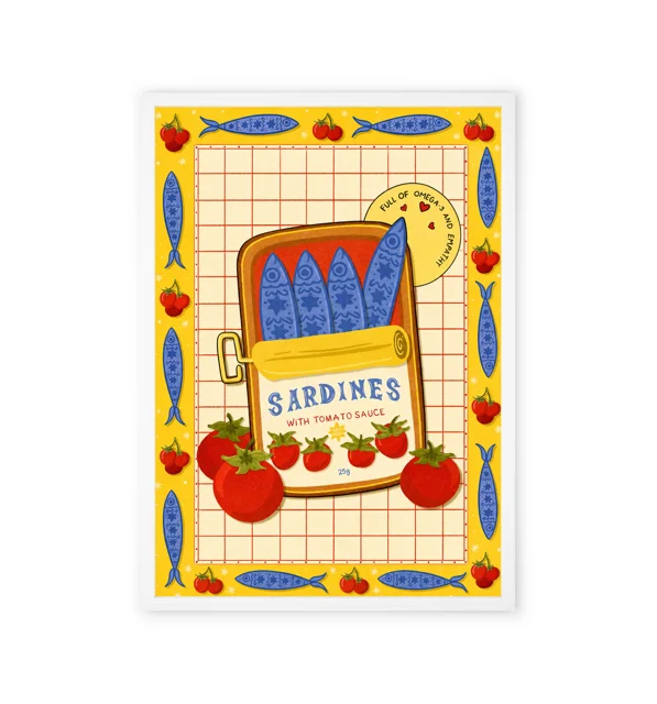Kitchen wall art featuring a sardine and tomato design