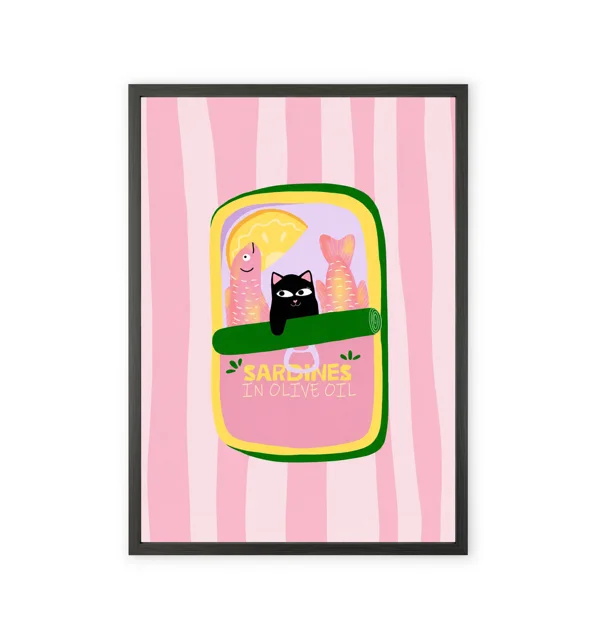 Pinterest-style print of a cat inside a sardine tin