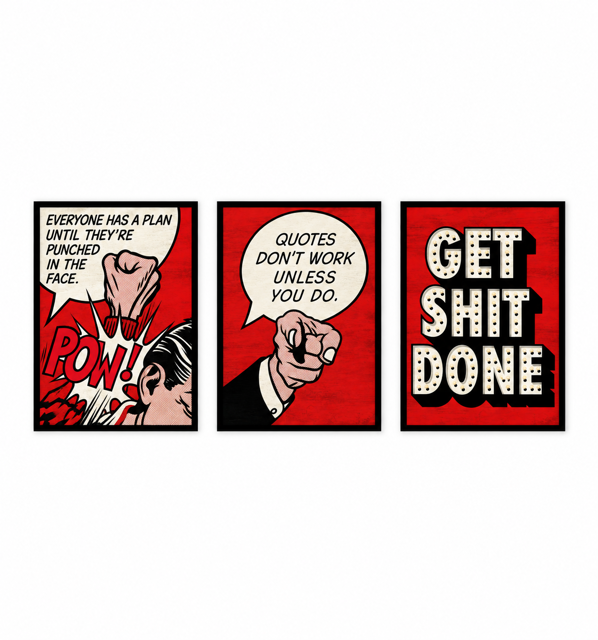 Three-piece motivational wall art with a comic-style design.