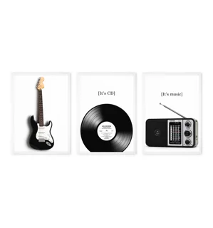 Three-piece wall art featuring musical instruments