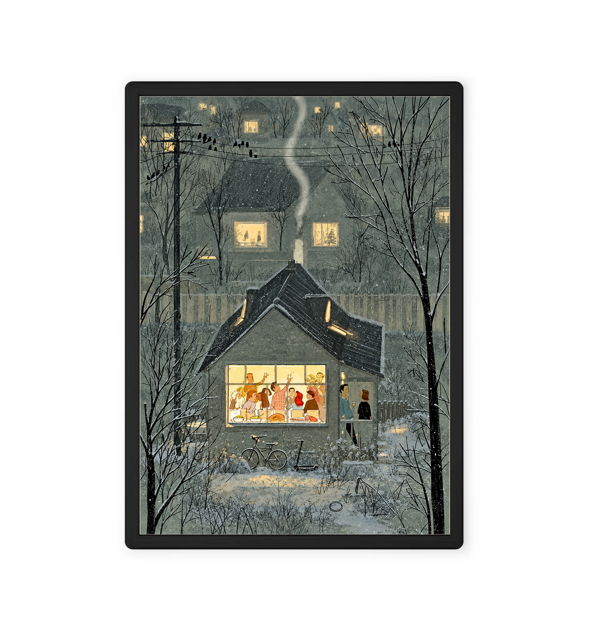 Wall art depicting a cozy house on a snowy night